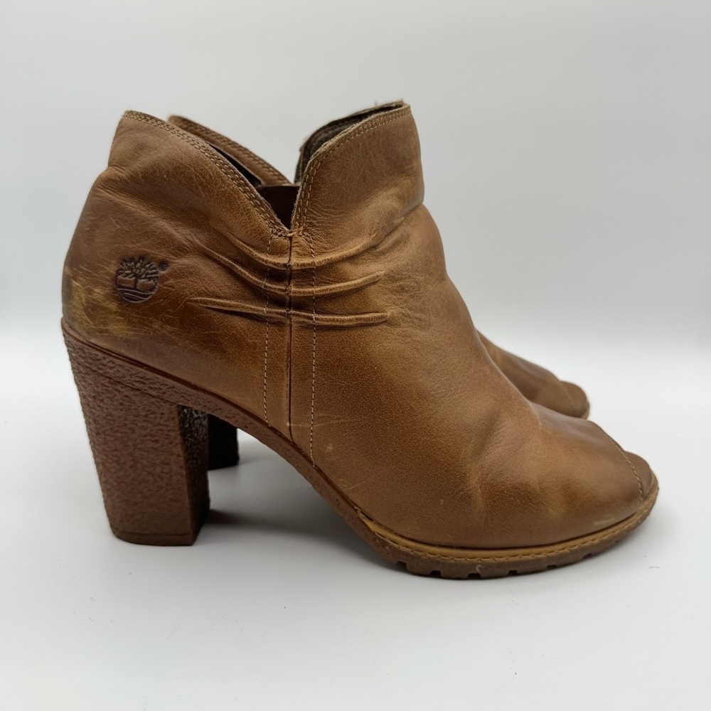 Timberland Brown Leather Peep Toe Ankle Booties Block Heel Zip Up 10 - Picture 7 of 14